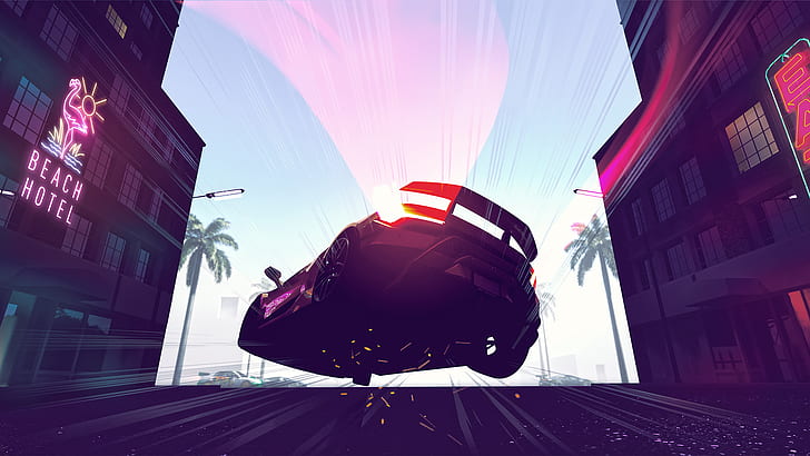Need for Speed, video games, car, digital art, violet, purple, palm trees, city, HD wallpaper