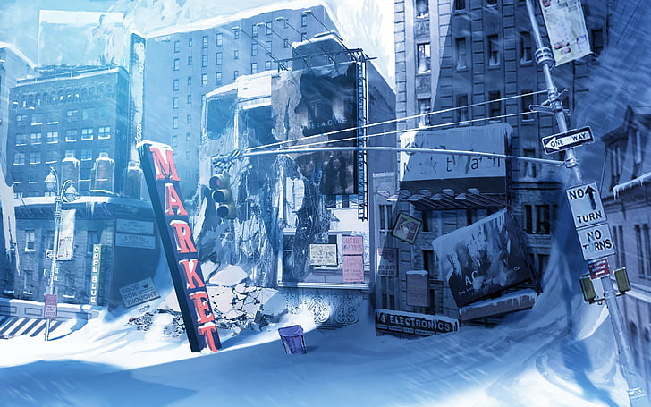 buildings, cityscapes, lights, lines, post apocalyptic, power, signs, snow, traffic, winter, HD wallpaper