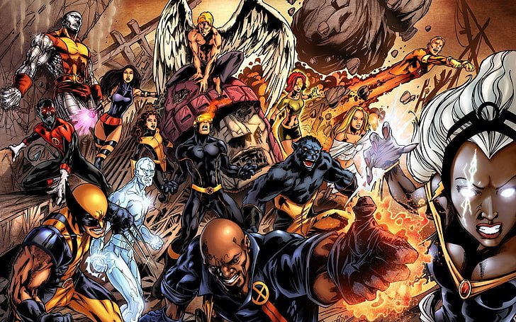 Tapety cyfrowe Marvel X-Men, rosomak, cud, komiks, anioł, superbohaterowie, komiksy, x men, jean grey, Nightcrawler, colossus, shtorm, cyclops, Iceman, emma frost, beat, Tapety HD