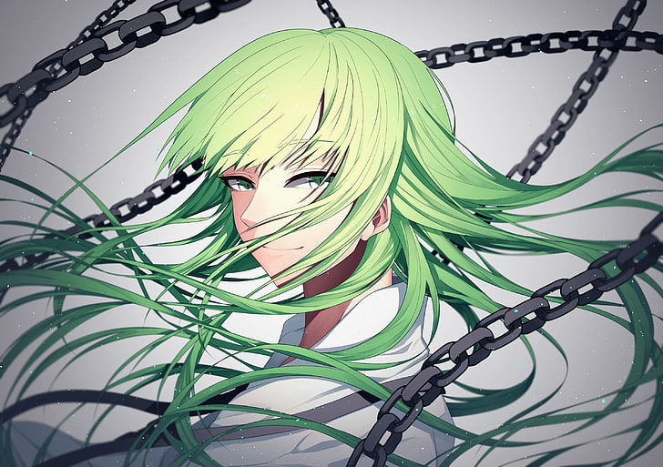 destino estranho falso, cabelo verde, correntes, sorrindo, olhos verdes, grande ordem do destino, lanceiro, Anime, HD papel de parede