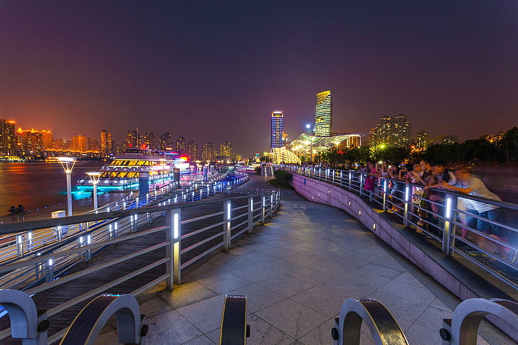 Shangai, China landscape, gray metal railings, shangai, China landscape, s, architecture, city, people, urban, summer, Night, HD wallpaper