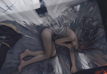 mulher dormindo ilustração digital, artwork, mulheres, WLOP, Ghost Blade, HD papel de parede HD wallpaper