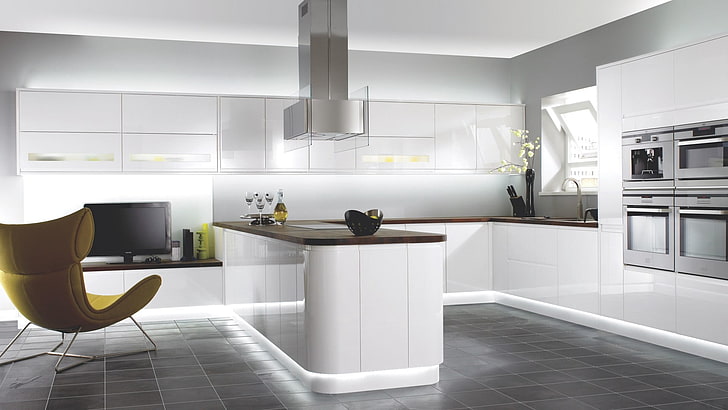 белая деревянная кухня остров, интерьер, столовая, кухня, мебель, дизайн, хай-тек, HD обои