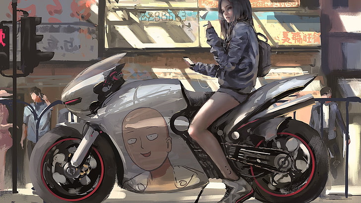 woman riding on sports bike artwork, motorcycle, black hair, Saitama, One-Punch Man, WLOP, HD wallpaper
