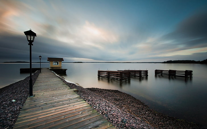 lake dock-Landscape Pics HD Wallpaper, brown wooden dock, HD wallpaper