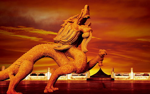 бетонна статуя на дракон, Китай, лъв, плаж, река, вечер, скулптура, HD тапет HD wallpaper