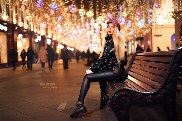 look, bench, lights, pose, street, model, portrait, the evening, makeup, shoes, figure, jacket, hairstyle, blonde, cap, beauty, sitting, pants, in black, bokeh, on the bench, Polina, Ivan Lebedev, HD wallpaper