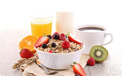 Codziennie rano śniadanie, śniadanie, jedzenie, zdrowa żywność, płatki zbożowe, soki, Tapety HD HD wallpaper