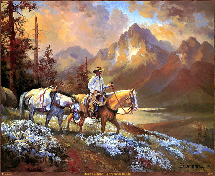 By Stefan Baumann * Spring In The Rockies, man riding tan horse beside white horse painting, stefan baumann, mountain, nature, horse, sunset, painting, animal, animals, HD wallpaper
