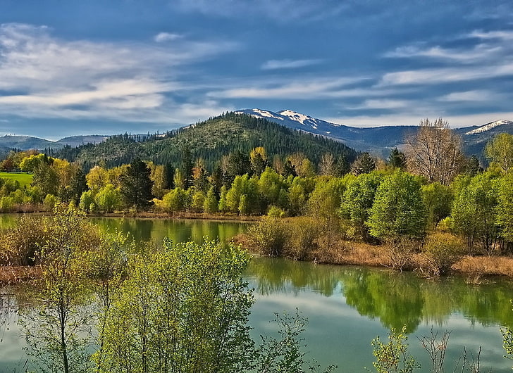 calm body of water surrounded by trees, nature, landscape, photography, spring, river, mountains, trees, forest, Idaho, HD wallpaper