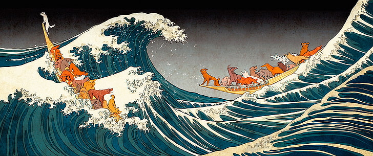 Голямата вълна на Канагава от живопис Хокусай, Остров Кучета, вълни, Голямата вълна край Канагава, HD тапет
