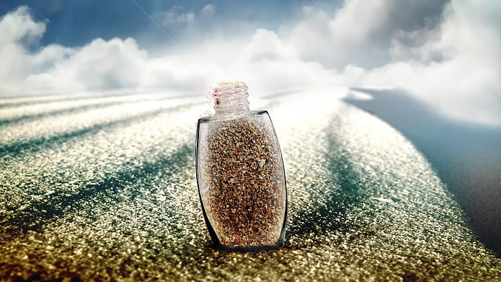 Ładowanie butelki z piaskiem, ilustracja przezroczystej szklanej butelki, piasek, butelka, Tapety HD