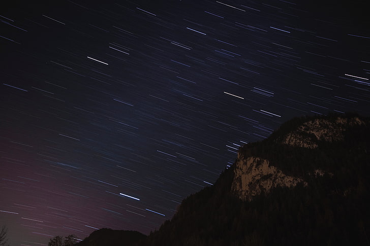 ภูเขา, กลางคืน, ทิวทัศน์, ป่า, คืนเต็มไปด้วยดวงดาว, ธรรมชาติ, ดวงดาว, การเปิดรับแสงเป็นเวลานาน, วอลล์เปเปอร์ HD