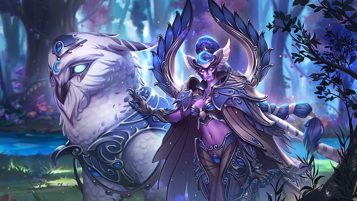Maiev Shadowsong, Night Elves, heroes of the storm, belly, forest, Warcraft, Blizzard Entertainment, long hair, HD wallpaper