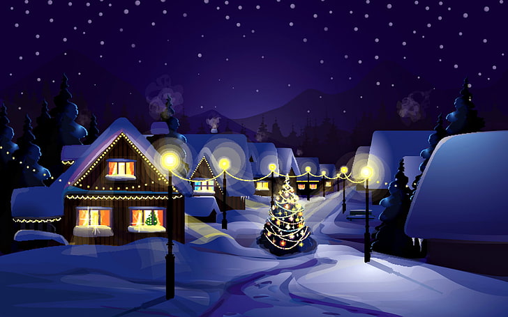 village illustration, winter, snow, landscape, night, nature, holiday, tree, home, New Year, Christmas, HD wallpaper