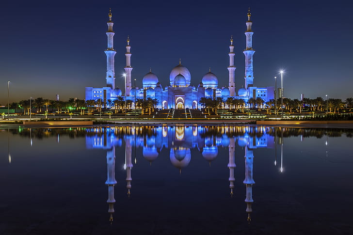 Mezquitas, Mezquita, Edificio, Noche, Reflejo, Emiratos Árabes Unidos, Fondo de pantalla HD