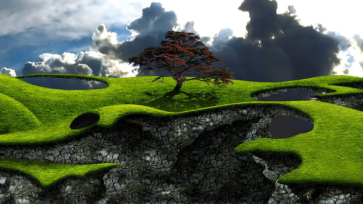 digital art, landscape, nature, clouds, trees, field, grass, rock, floating island, shadow, HD wallpaper