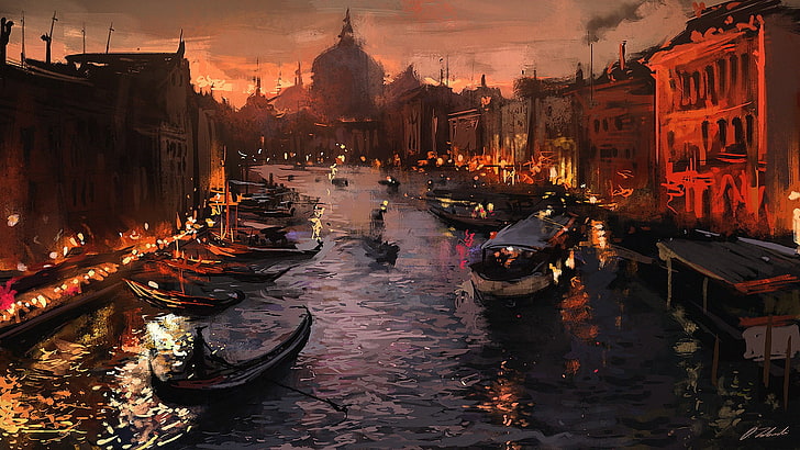 лодки стикват близо до сграда живопис, река, Венеция, гондоли, Италия, произведения на изкуството, живопис, HD тапет