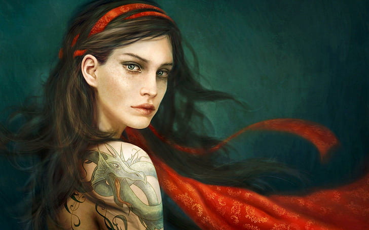 Girl with dragon tattoo, woman in red scarf painting, fantasy, 1920x1200, HD  wallpaper | Wallpaperbetter