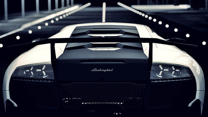 putih dan hitam Lamborghini coupe, hitam dan putih Lamborghini sports coupe di malam hari, mobil, Lamborghini, kendaraan, Wallpaper HD