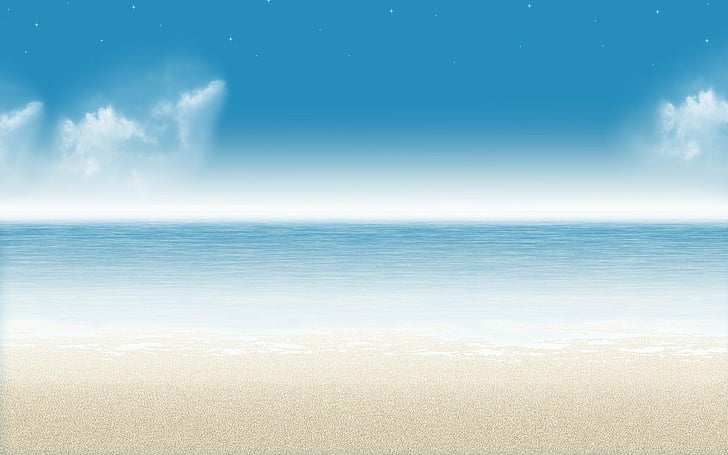 plages, bleu, nuages, minimaliste, nature, océan, activités de plein air, mer, serein, paysages de gratte-ciel, étoiles, Fond d'écran HD