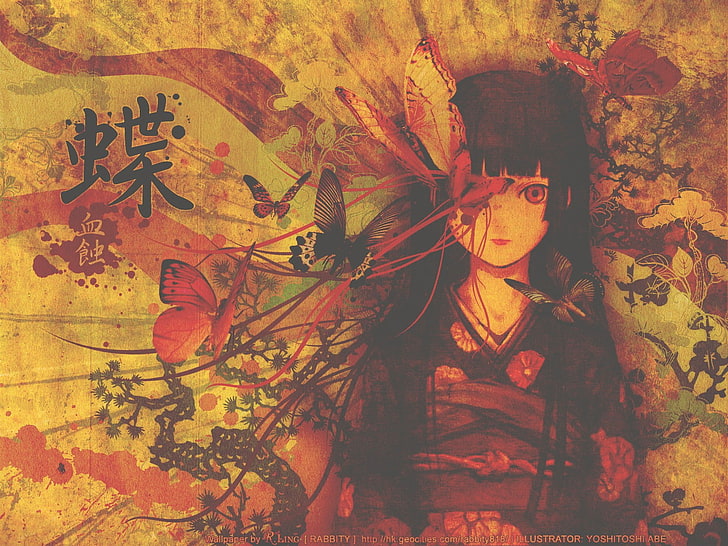 Enma Ai, anime girls, anime, butterfly, Jigoku Shoujo, kimono, HD wallpaper