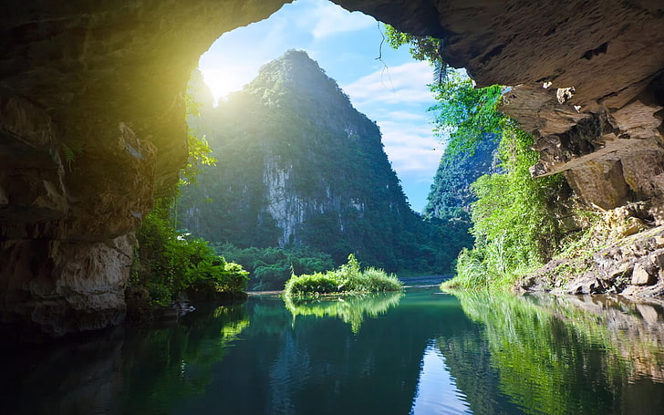 brown and beige cave, nature, river, rocks, cliffs, Vietnam, HD wallpaper