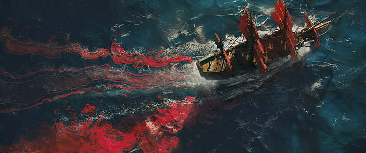 digital, arte de fantasía, barco, barco pirata, mar, Ivo Brankovikj, Fondo de pantalla HD