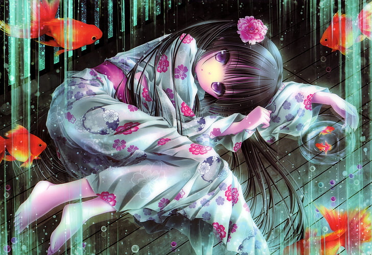 ilustração de personagem feminina animada, quimono, menina, quimono, flores, aquário, peixe, HD papel de parede