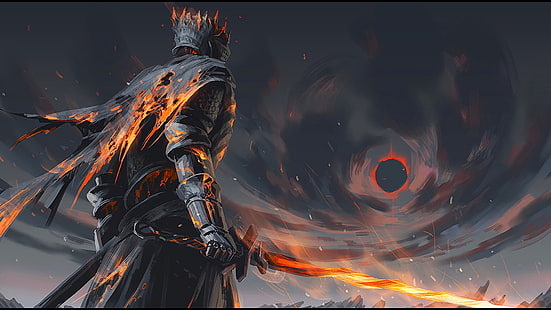 темные души, душа из пепла, босс, меч, огонь, произведение искусства, игры, HD обои HD wallpaper
