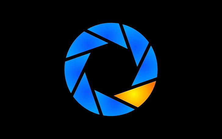 круглый синий и желтый логотип, Aperture Laboratories, логотип, черный фон, HD обои