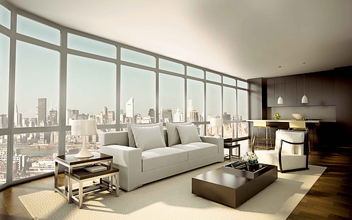 meja kopi kayu persegi panjang coklat, penthouse, sofa, jendela, gaya, interior, Wallpaper HD HD wallpaper