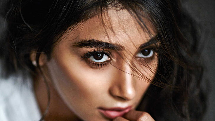 Actrices, Pooja Hegde, Bollywood, Yeux marrons, Brunette, Indienne, Humeur, Fond d'écran HD