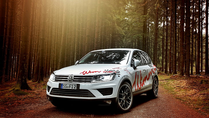 white Volkswagen SUV on forest, Wimmer RS Volkswagen Touareg, wimmer, white, forest, HD wallpaper
