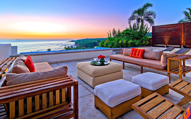 Relaksujący salon na plaży, chłód, powietrze, zachód słońca, piękne, wakacje, Tapety HD