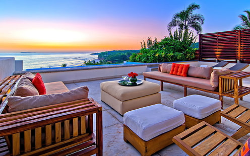Avkopplande Beach Lounge, kyla, luft, solnedgång, vacker, semester, HD tapet HD wallpaper