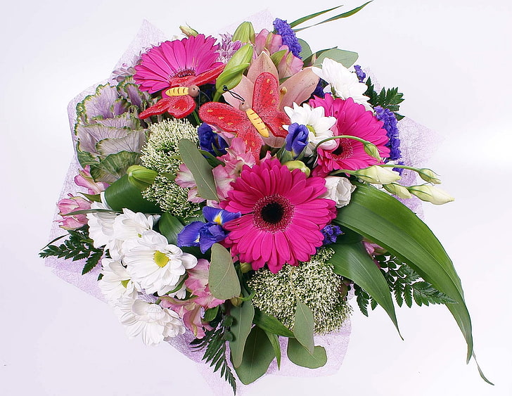 variety of flower bouquet, gerberas, irises, daisies, flower, butterfly, design, HD wallpaper