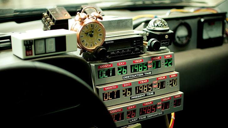 grey vehicle alarm clock, movies, Back to the Future, DeLorean, time travel, HD wallpaper