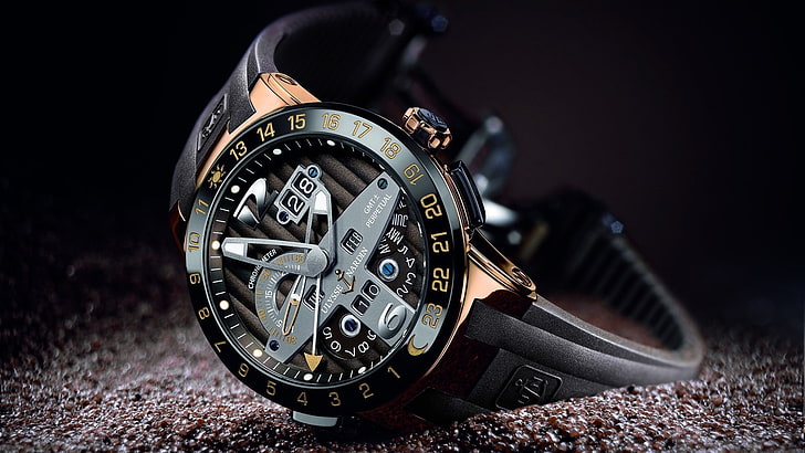 round gray chronograph watch with black bracelet, watch, Ulysse Nardin, technology, HD wallpaper