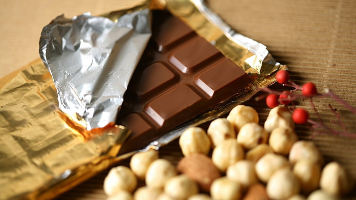 шоколадная упаковка, шоколад, орехи, фундук, HD обои