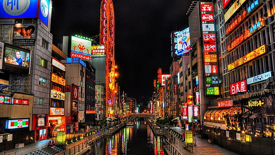 大阪のストリート、運河、通り、運河、ライト、都市、自然、風景、 HDデスクトップの壁紙 HD wallpaper
