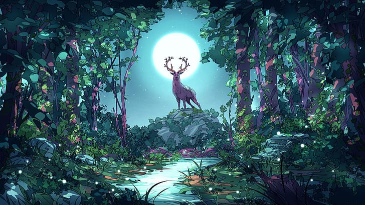 Christian Benavides, digital art, fantasy art, deer, Moon, night, forest, stream, HD wallpaper