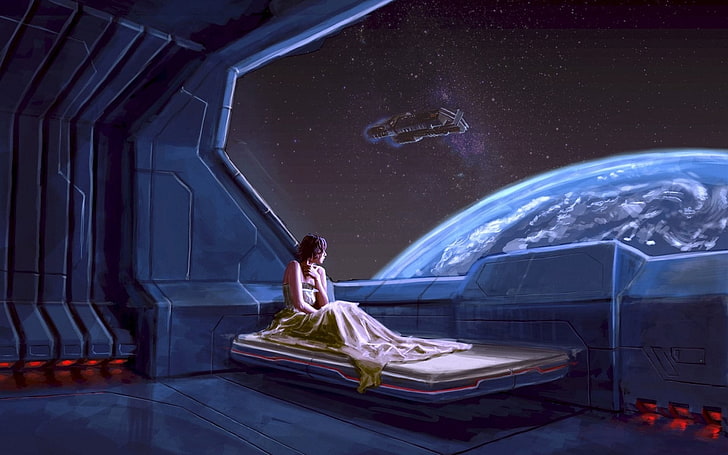 woman siting on bed looking at planet digital wallpaper, digital art, bed, space, futuristic, science fiction, women, brunette, spaceship, HD wallpaper