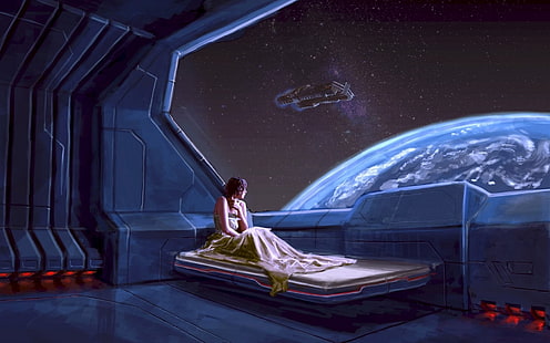 wanita yang duduk di tempat tidur melihat planet wallpaper digital, seni digital, tempat tidur, ruang, futuristik, fiksi ilmiah, wanita, berambut cokelat, pesawat ruang angkasa, Wallpaper HD HD wallpaper