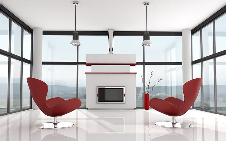 Interior Putih dan Merah Modern, desain, kamar, ruang tamu, rumah, kantor, Wallpaper HD