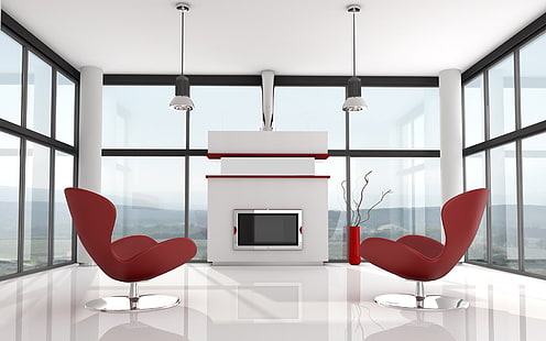 Современный Белый и Красный Интерьер, дизайн, комната, гостиная, дом, офис, HD обои HD wallpaper