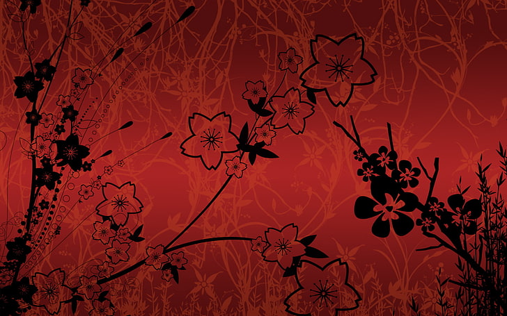 빨간색과 검은 색 꽃 무늬 벽지, 꽃, 패턴, 트위스트, HD 배경 화면