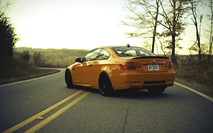 BMW M3 E92 pomarańczowy, bmw, M3, E92, pomarańczowy, tył jezdni, oznakowanie, Tapety HD