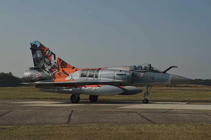 avião de combate cinzento e laranja, dassault, mirage 2000, jato, lutador, HD papel de parede