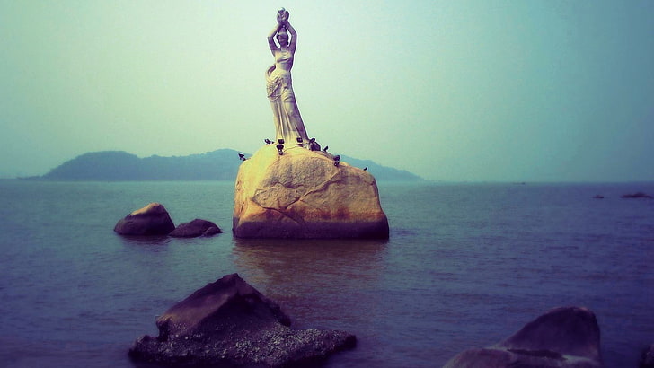 arte de fantasía, mar, cielo, estatua, arte digital, Fondo de pantalla HD